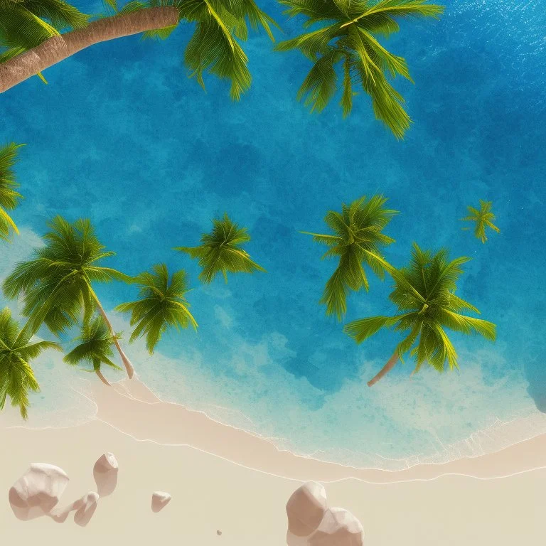 9. Generate an image of a sun-soaked beach with palm trees and crystal-clear water