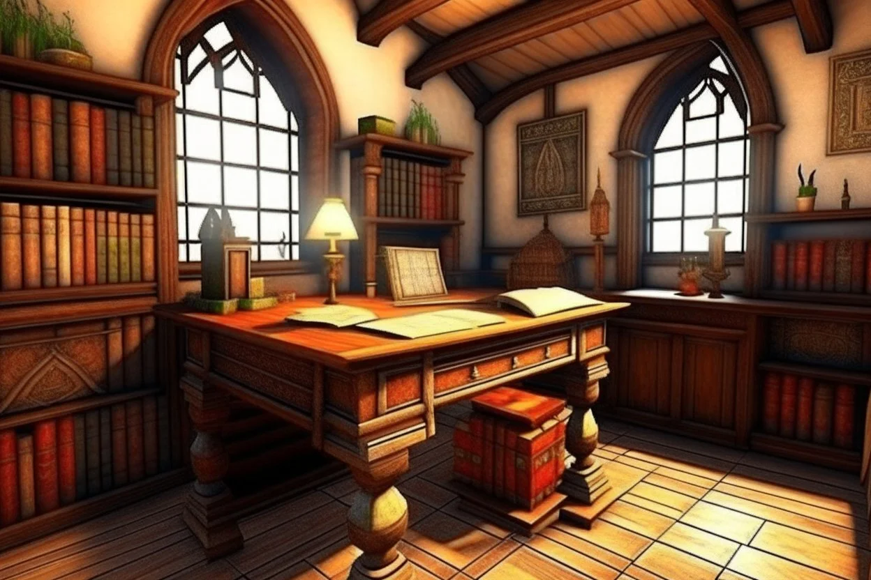 Fantasy medieval study room with desk