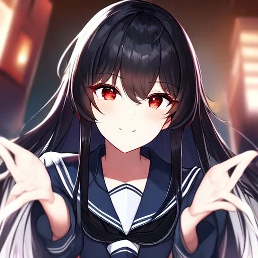 Clear focus, high resolution, black long fluffy hair, red eyes, wearing a sailor uniform, doing a evil smile, Style Daria