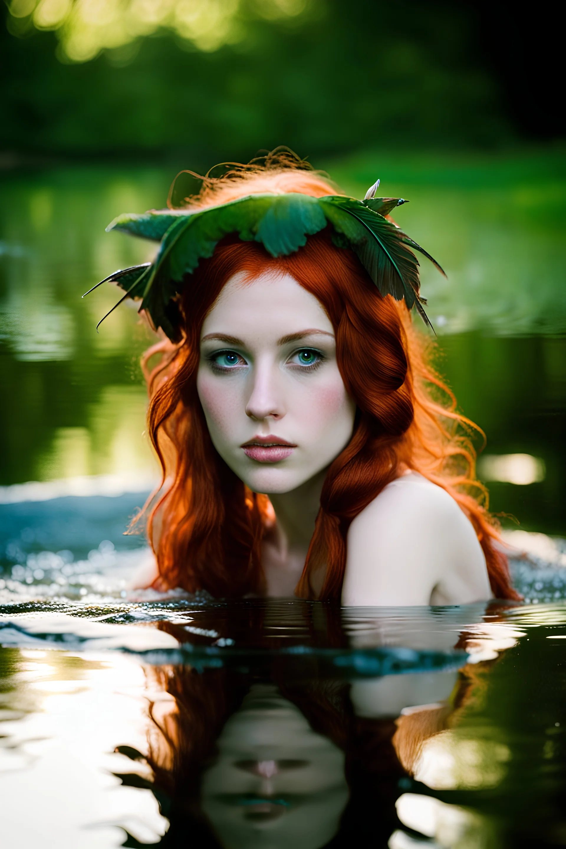Spicy Lorraine age 19, feather soft, pouty, redhead, water nymph in a pond, high res, perfect in every way, fairy wings, Portra160 Film