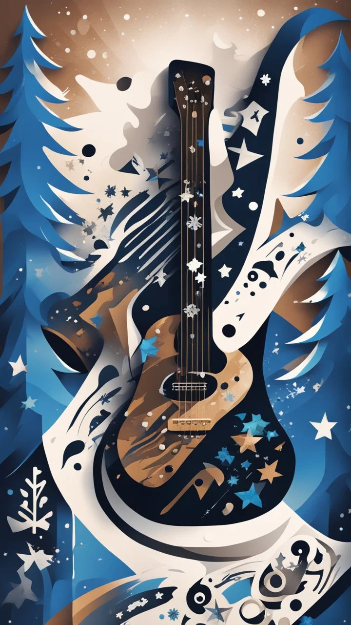 Create a dynamic snowboard pattern with a guitar theme, utilizing a maximum of 6 colors. Feature a stylized guitar fretboard running down the board in rich browns and blacks, complemented by rhythmic snowflakes in cool blues or silvers. Integrate a guitarist silhouette shredding down a mountain slope, using gradients for strumming motion. Keep the palette vibrant and harmonious, capturing the energy of music and snowboarding.