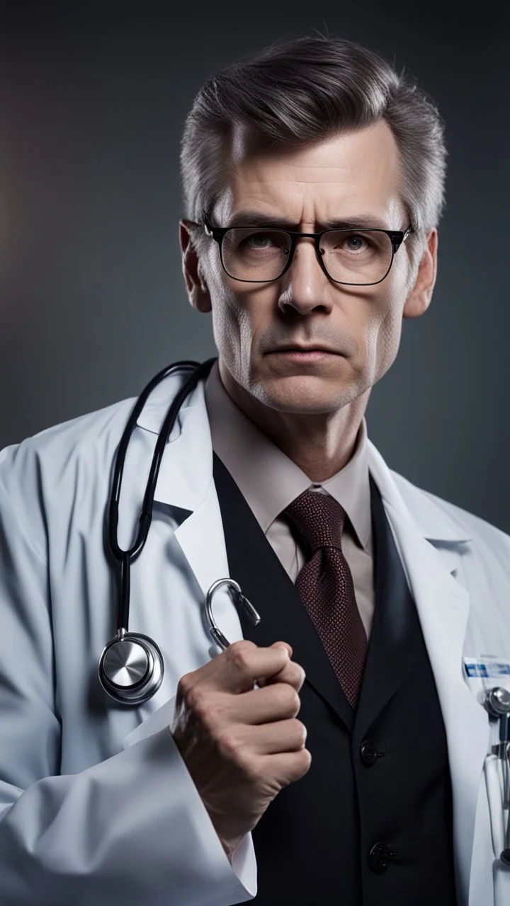 photorealistic hyperdetailed portait of a doctor holding a clipboard and frowning