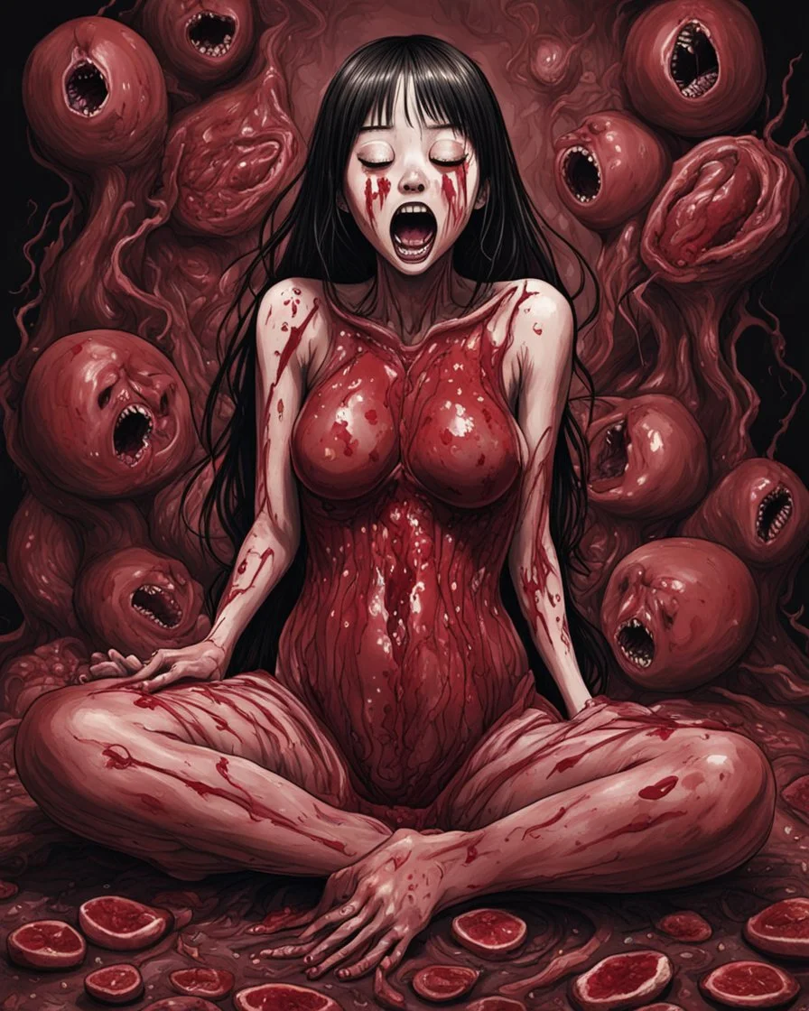 Petit weird woman crushed inside really darkred fleshy stomach filled with digestive juices, sit pose, fullbody, screaming, tears, Junji Ito style, darkred tones,