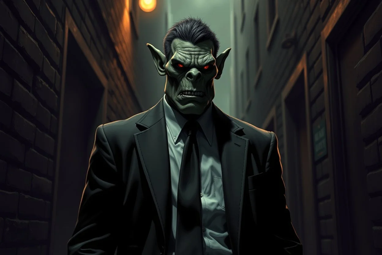 Orc mafia enforcer in a suit standing in a gloomy alleyway