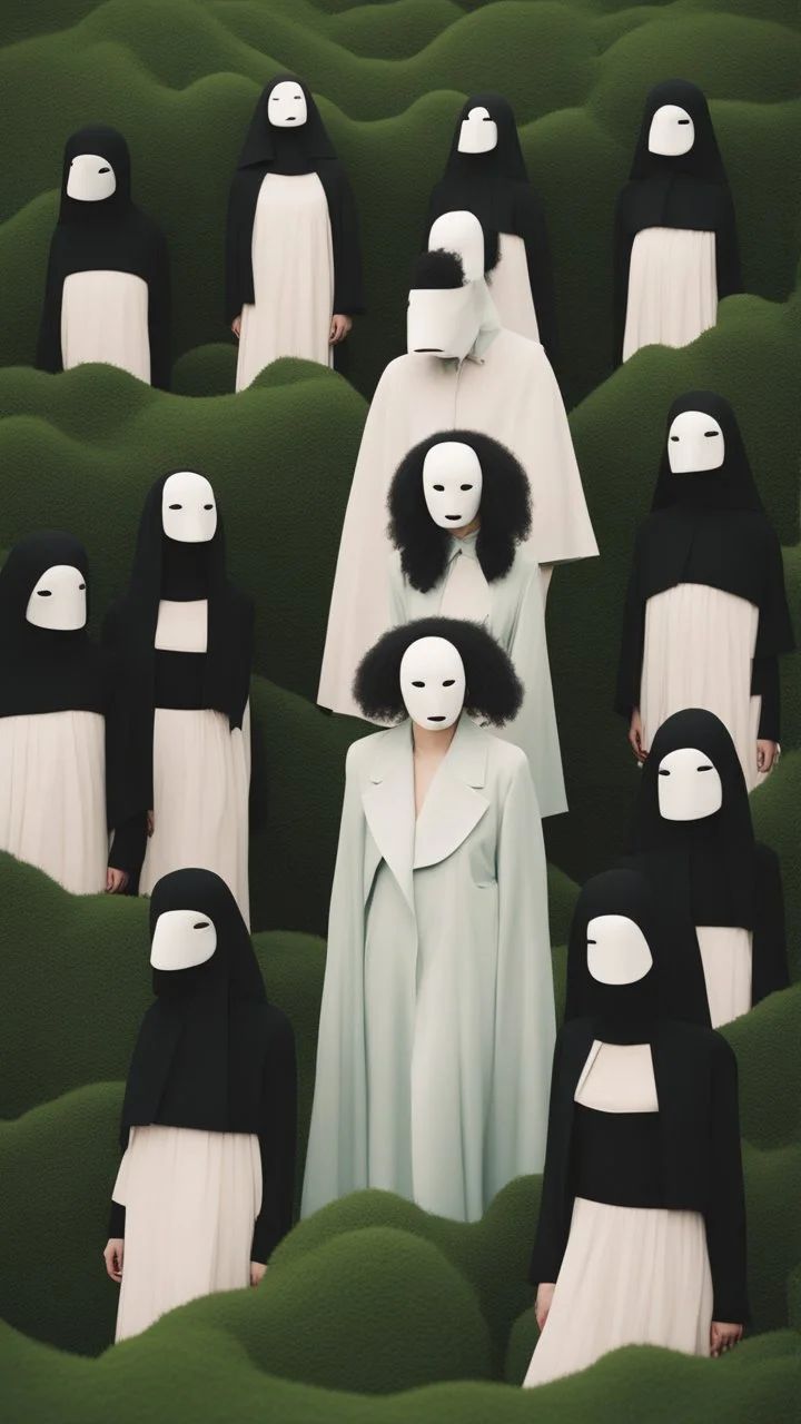 a group of no face women with mask standing on top of a lush green hillside, inspired by Ren Hang, design milk, long black hair, whites, wanderers traveling from afar, trending on artisation, cloning spell, coat pleats, in twin peaks, submarine, by Helen Thomas Dranga, symetry, round-cropped, noire photo