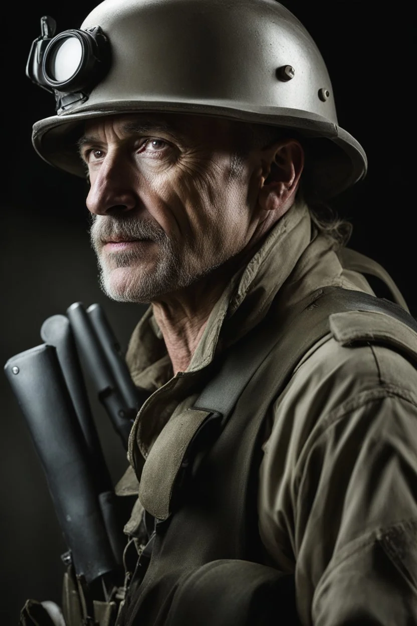 3/4 side view, head to waist image, professional quality photograph, a physically fit, extremely muscular, athletic, middle-aged man, Jay Garrick, with broad shoulders and massive arms, short, graying hair and a goatee, dark eyes, large, curved nose, and a square jawline, wearing a silver metal world war I Military hard hat with a flat brim all around it and gold lightning bolts on either side, and a (((long-sleeved))), red, cotton, pullover shirt with lightning on the chest, blue skinny jeans,