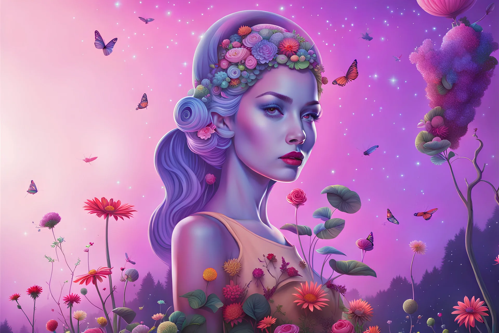 a peculiar animated woman with a garden on their head, complete with tiny flower inhabitants in a beautiful colorful garden, hyperdetailed hyper-realistic; night sky background, precisionism, neon, glitter; Garbage Pail Kids