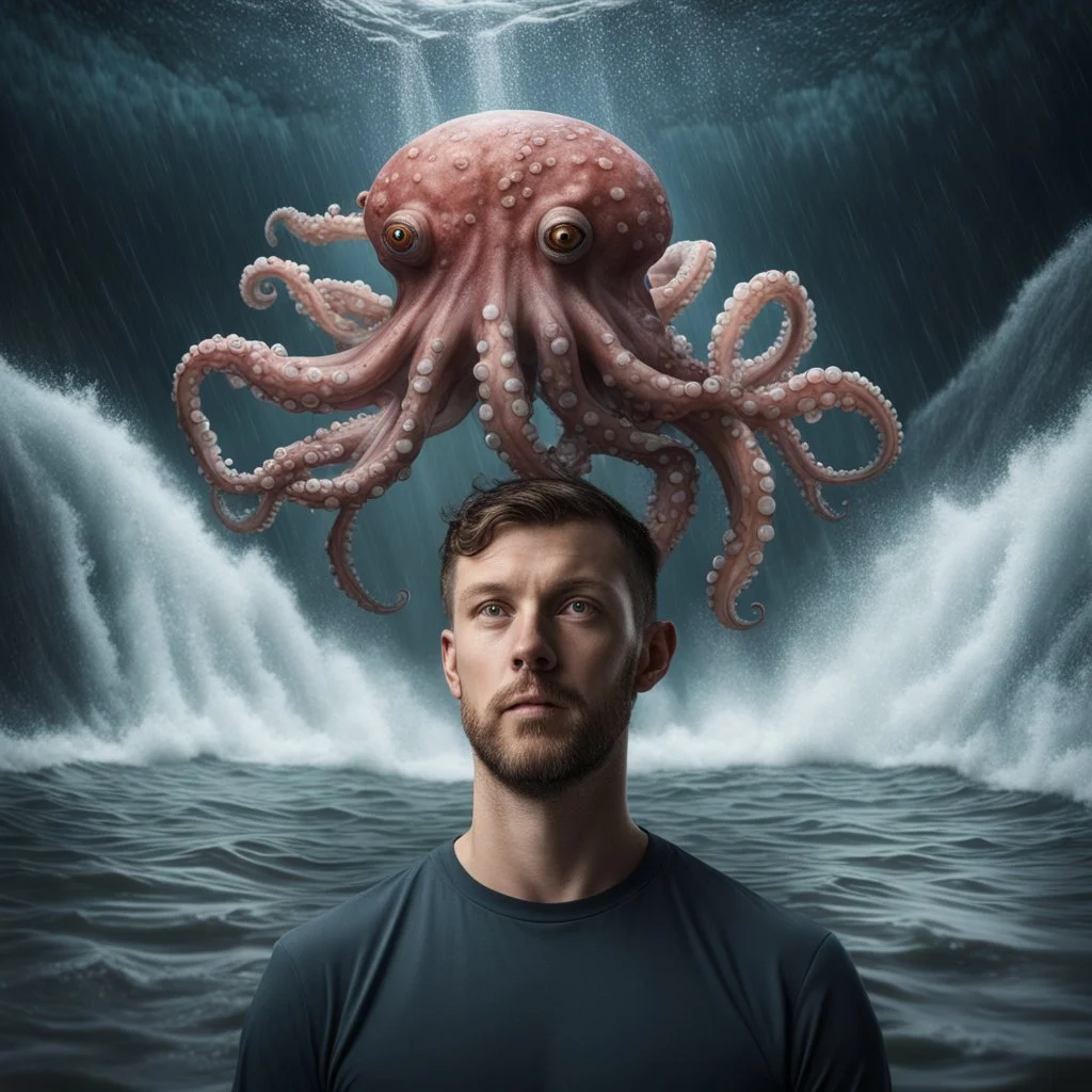 Hyper Realistic Octopus on a Man's head standing in a water flood tunnel with big wave splashes at rainy night