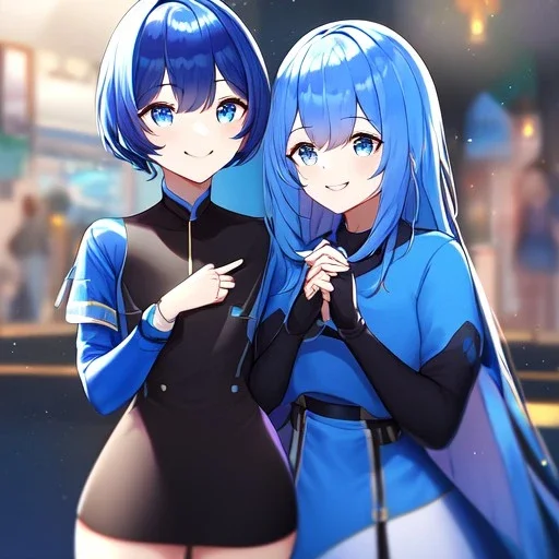 Clear focus,High resolution, Vibrant short blue hair, Vibrant blue eyes, Wearing a black short skirt,black crop top sleevelss,blue cut sleeves,black fingerless gloves, Smiling,Long bangs, Smiling, Holding your hand, first person view