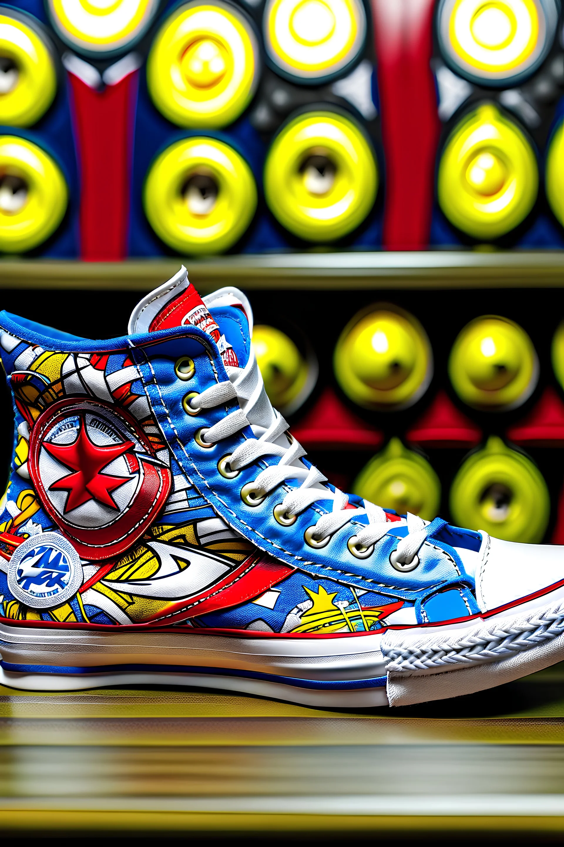 A converse sneaker, superman stickers all over sneaker