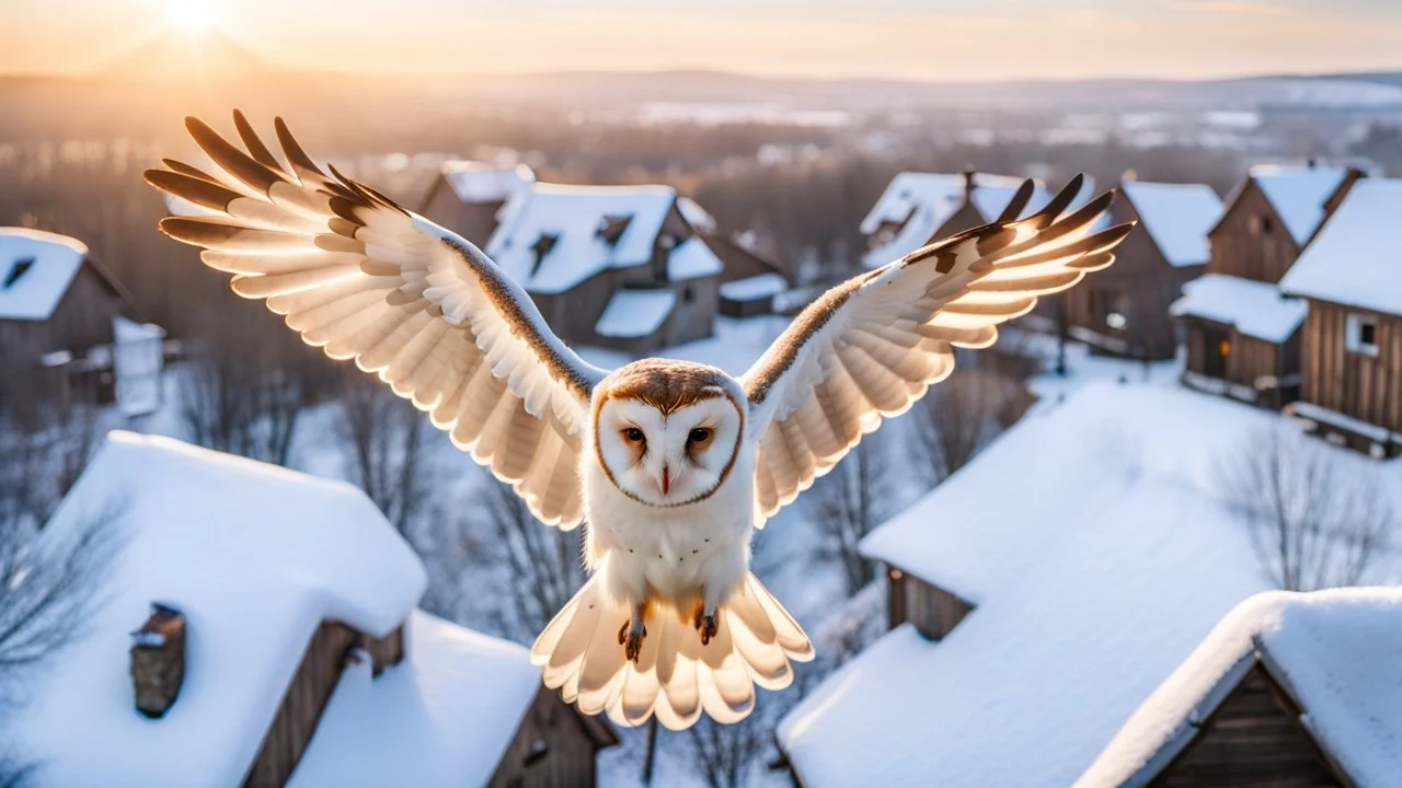 angel's view barn owl seen from the back from the top view flying over a winter small village, snowy landscape, little light, sunrise, some small Hungarian old country houses from above, perspective, high detailed, sharp focuses, photorealistic, cinematic