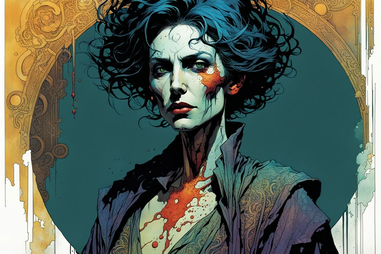 create a wildly imaginative full body portrait of an ethereal, otherworldly , gnarled and emaciated ancient antediluvian female vampire sorceress with extremely short hair in ragged , decayed ornate robes , in the comic book art style of Bill Sienkiewicz, Mike Mignola, and Jean Giraud Moebius, with highly detailed feminine facial features , finely drawn, colored and inked,