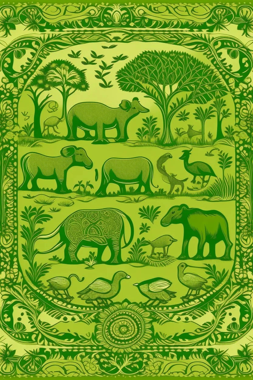 An olive green savanna filled with animals designed in Mehndi design