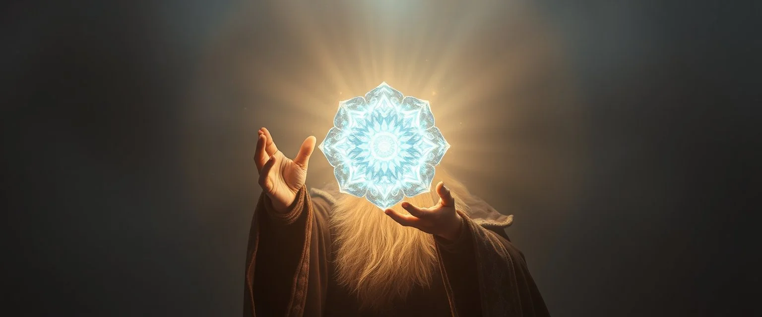 dwarven priest expert holding up a floating radiant Painite crystal rosette ball shooting radiant light through the fog