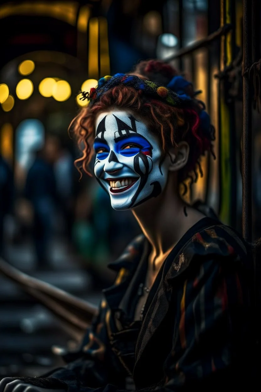 hyper real oil painting portrait of posing laughing dreaming harlequin in cable trolley in goth ruins background, zeiss prime lens, bokeh like f/0.8, tilt-shift lens 8k, high detail, smooth render, down-light, unreal engine, prize winning