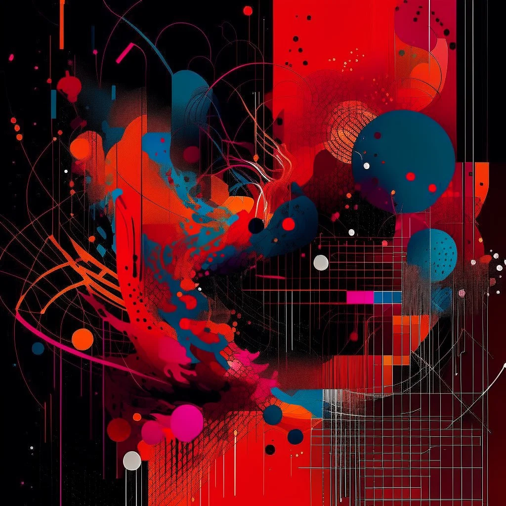 Precise geometries and flow graphs, violent colors, harsh contrast, abstract surreal art, by Arthur Secunda and Victor Pasmore and Petros Afshar, silkscreened mind-bending illustration, asymmetric, Braille code characters, UV x-ray warm colors, dark background, Sharp Contrast, dynamic composition, red hues