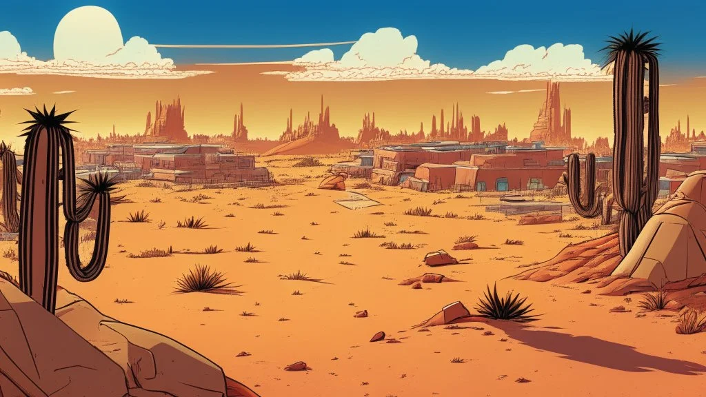 desert city far in the background comic style