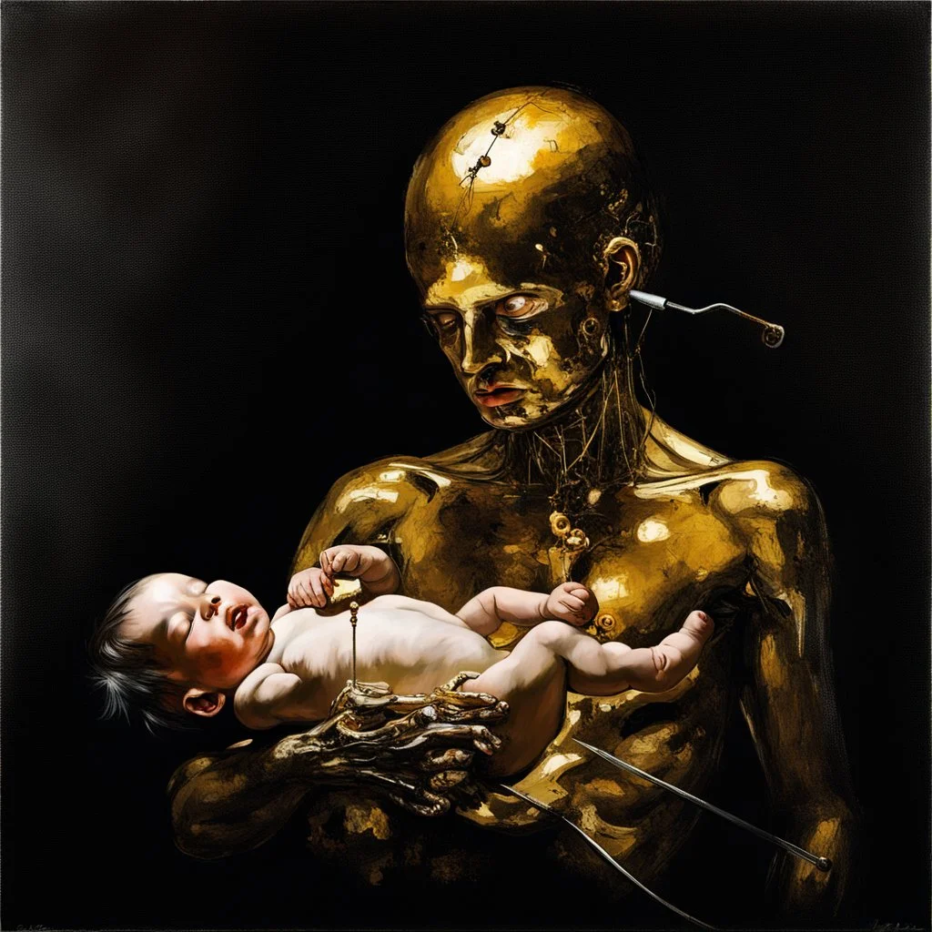 a huge golden brain supported by very small beautiful Asian female human bodies, complex surgical instruments mix a newborn boy between light and shadow, surrealism, symbolism, minimalism, sculpture by Adrian Ghenie, Lucian Freud, Rene Magritte, Salvador Dali