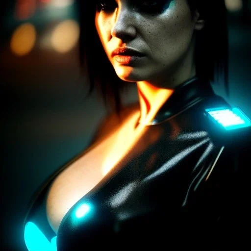 portrait,beautiful busty female Cyborg, intense stare, sad eyes, post-apocalyptic in a cyberpunk city,minimal skintight black latex dress, bladerunner, realistic, intriacte detail, sci-fi fantasy style, volumetric lighting, particles, highly detailed ,cinamatic , deep colours,8k, in the style of Kaare Andrews