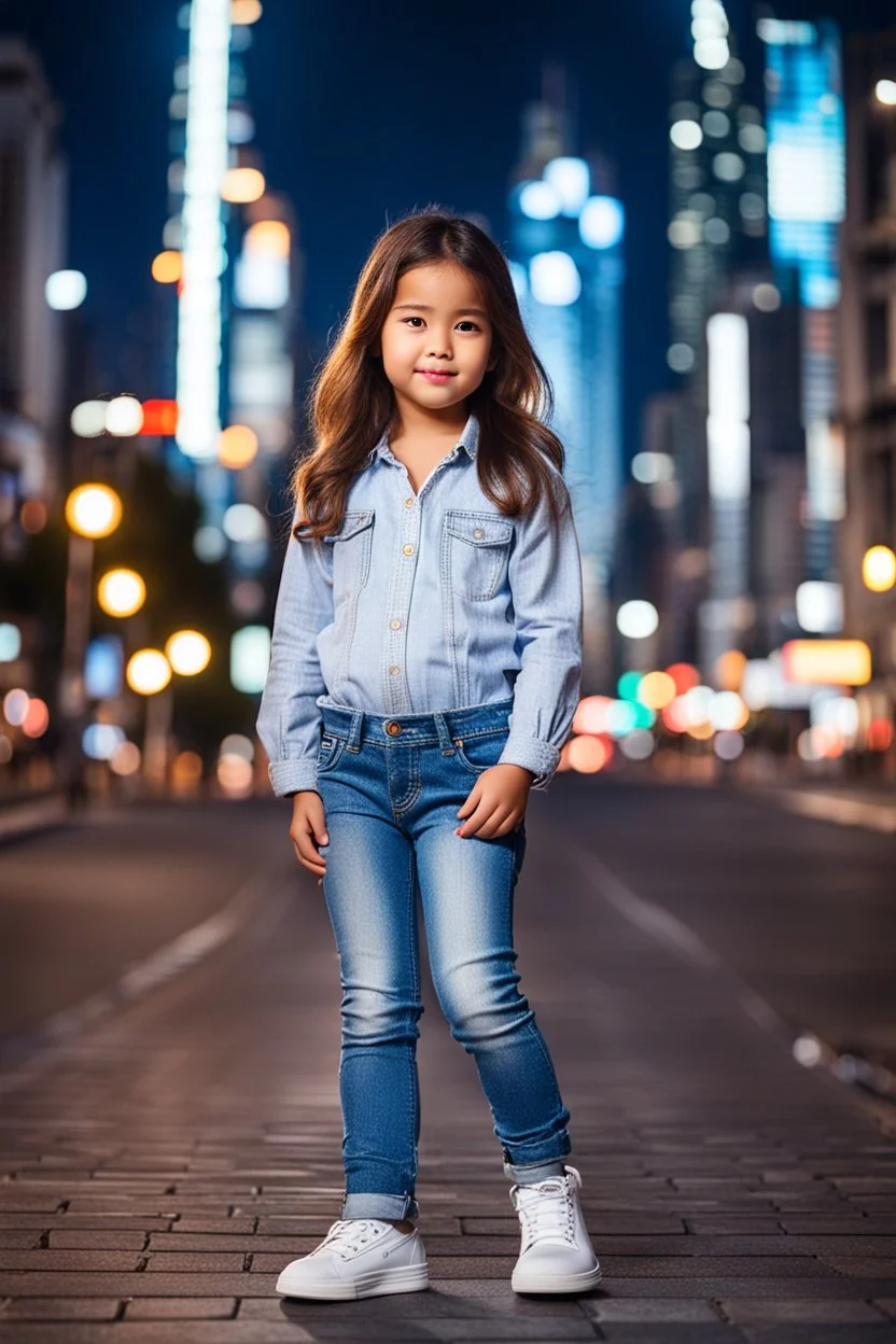 Little 6 years old beautiful girl perfect face,1girl wearing a pretty shirt and jean pant, standing pose,modern city ,night view