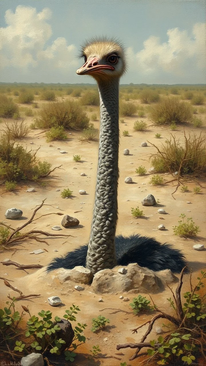 An Ostriches head buried in the sand show her body without a head in a forgotten battlefield overrun by vegetation, cutesy tiktok detailed oil painting, grainy, old style