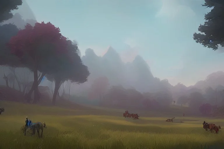 illustration fantasy horses of different colors in a field from afar