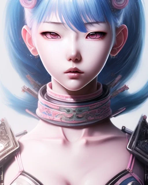 Detailed cute anime Kunoichi girl, blue hair buns, pink bangs, black latex bodysuit, intricate details, full body portrait, keep head in frame, slight smile, black Japanese motif, concept art, highly detailed, digital painting, concept art, sharp focus, illustration, art by Yoji Shinkawa, WLOP and greg rutkowski and alphonse mucha and artgerm and yanjun Chen and Junji ito and Makoto Shinkai, HDR, octane render