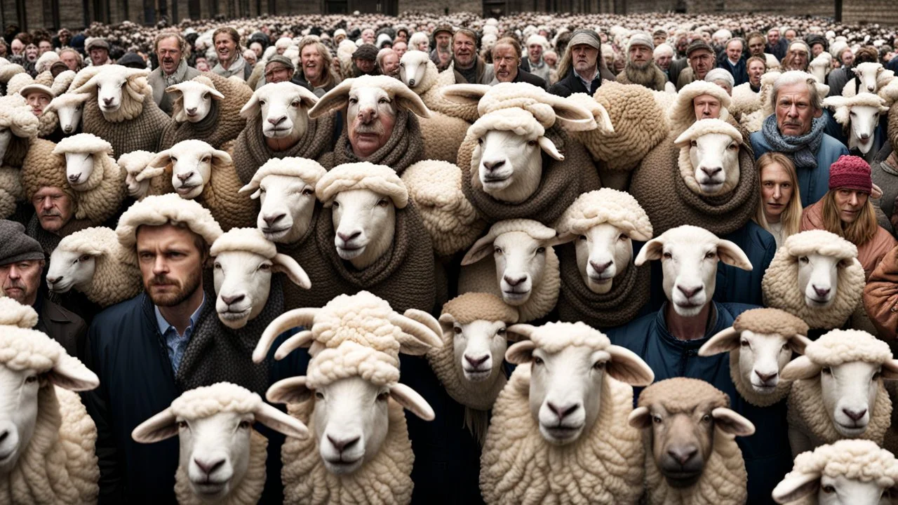 large crowd of people all with sheep heads