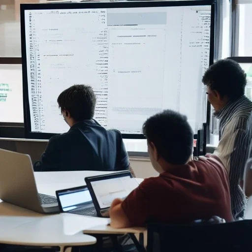 Coders collaborate, in an office environment, huddled at large screens, and writing new code together.