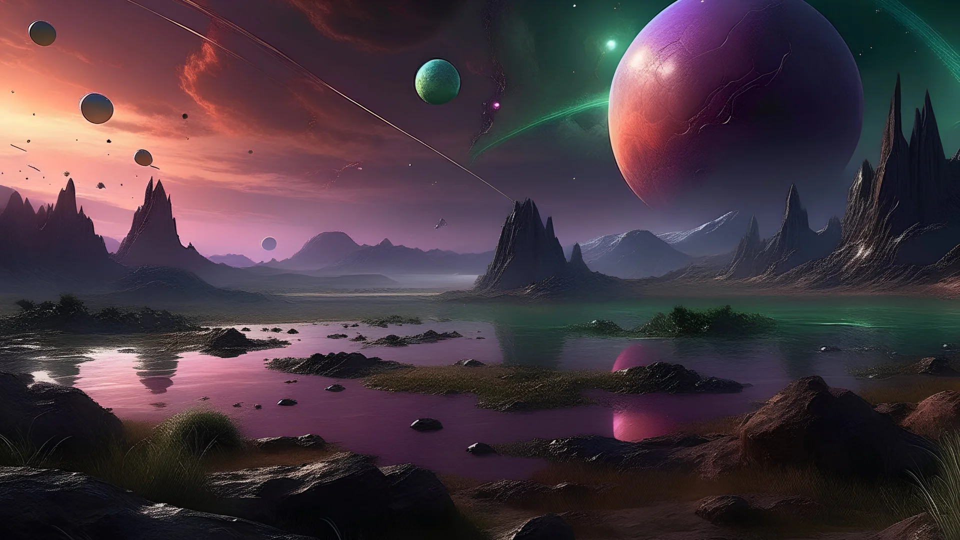 generar una paisaje foto realista de una tormenta espacial en un planeta donde hay montañas, rios y lagos, se pueden ver ballenas voladoras y se puede ver restos de naves espaciales destruidas. el cielo es violeta naranja y verde, se pueden ver 2 lunas y un planeta con anillo. es un mundo post apocaliptico