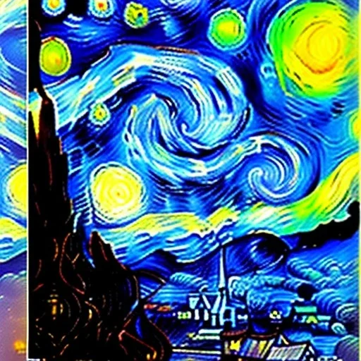 Dibujo al oleo de Paris con nubes de colores estilo Vincent van Gogh