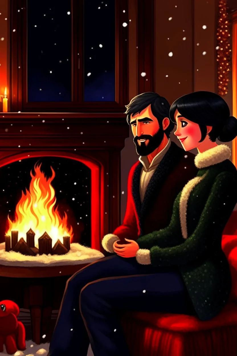 Fire place Christmas scene, dark haired couple, man with short black beard, blue eyes, young couple, graphic