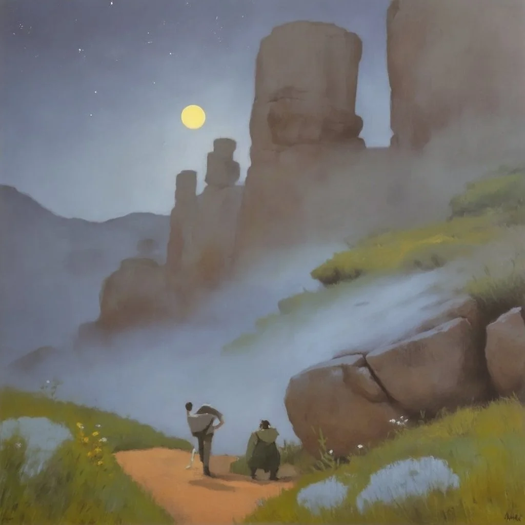 Night, dark blue sky, mist, vegetations, rocky mountains, cliffs, big rocks, dirt, distant mountains, epic, sci-fi, berthe morisot, and alfred stevens impressionism paintings