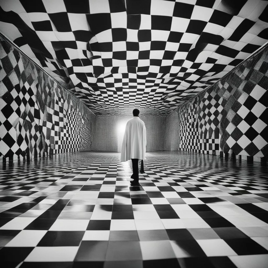 In the realm of the surreal and the ethereal, a peculiar scene unfolds before my mind's eye: a man, dressed regally as a king, stands upon a giant chessboard. The checkered squares stretch endlessly in all directions, each one a mirror of its neighbor, creating a mesmerizing pattern that seems to ripple and shift with unseen energy. The man, his royal attire resplendent and intricate, exudes an air of authority and wisdom, yet there is a hint of confusion in his expression. For he stands in the