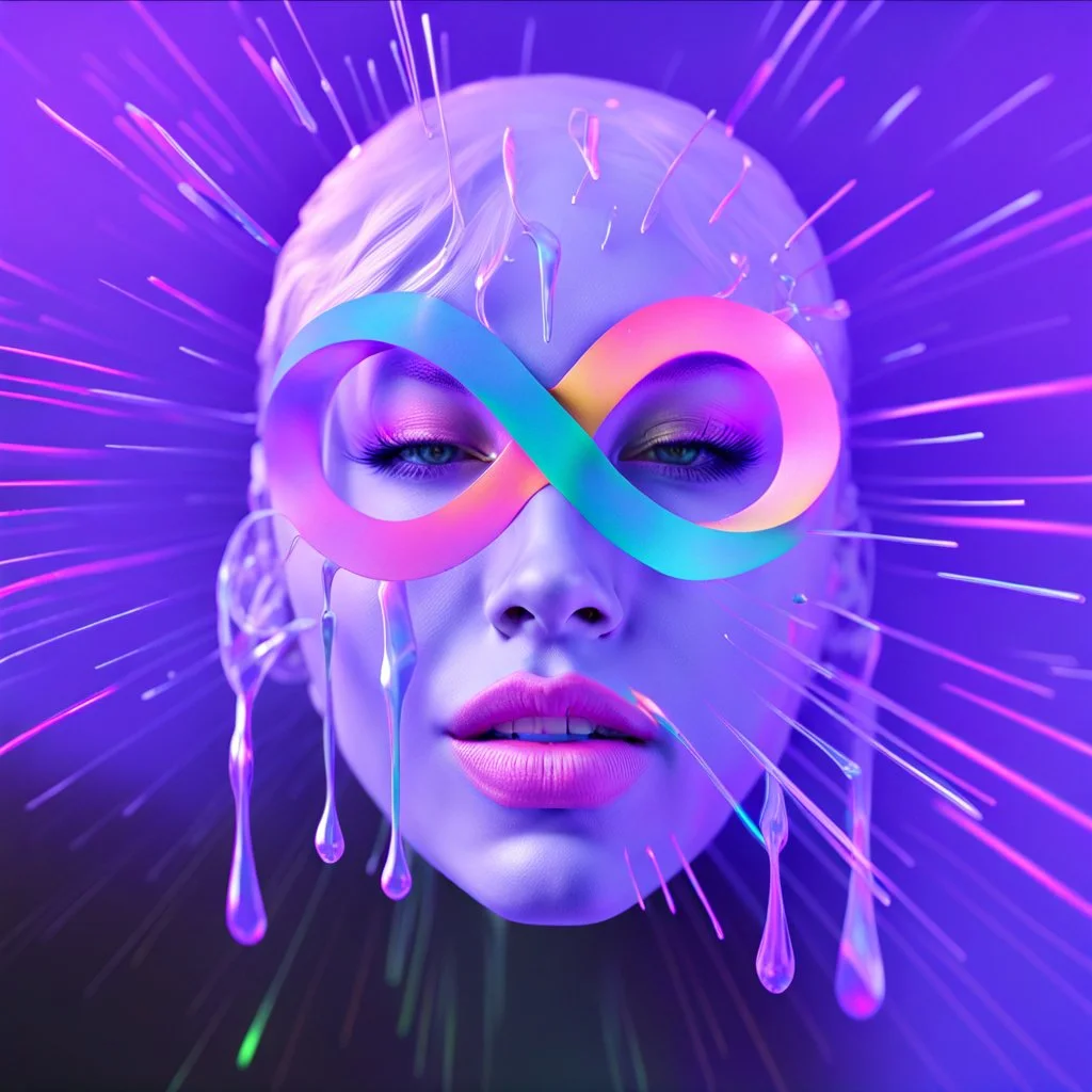 colourful infinity symbol ∞ on womans face that is melting, striking, vibrant, chiaroscuro, dramatic, captivating, powerful, beautiful, octane render, 16k post-production, artstation: award-winning: atmospheric: commanding: fantastical: clarity: ultra quality: striking: brilliance: stunning colors: amazing depth; lens: f/11, 35mm