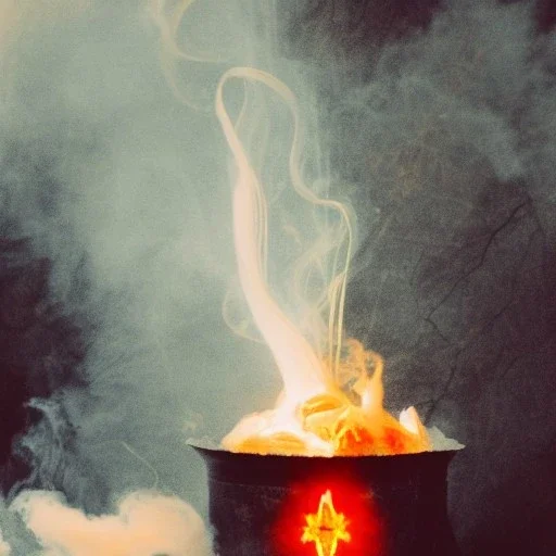 polaroid of swirling fire inside a wrought iron bell jar, luminescent glow, moody, tender, photorealistic, curling steam and smoke