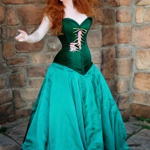 princess with long auburn hair in a big teal green and gold satin ballgown corset off shoulder top dancing in a castle