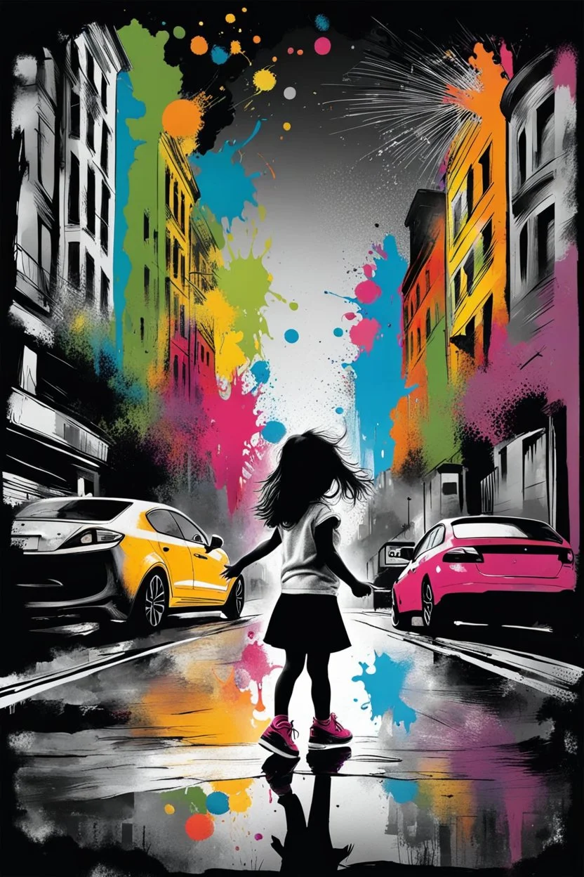 Mixed media picture, the background is black and white line art cityscape. In the middle a colorful photo of a little girl playing in the street, the girl is wearing colorful clothes, her hair is black. enhancing the contrast between her and the black and white cityscape, splash art