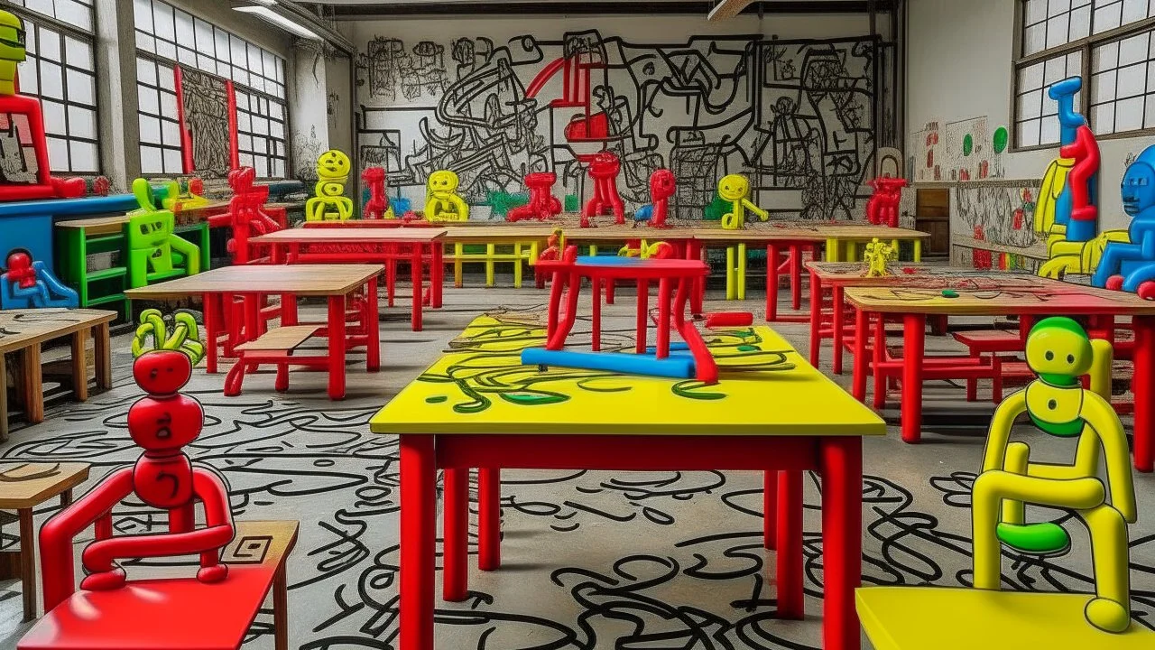 A factory filled with toys and instruments painted by Keith Haring