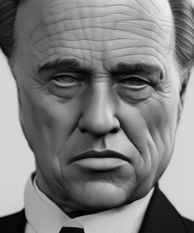 godfather Marlon Brando, extreme details, digital art, black & white --ar3:2--v4--q2