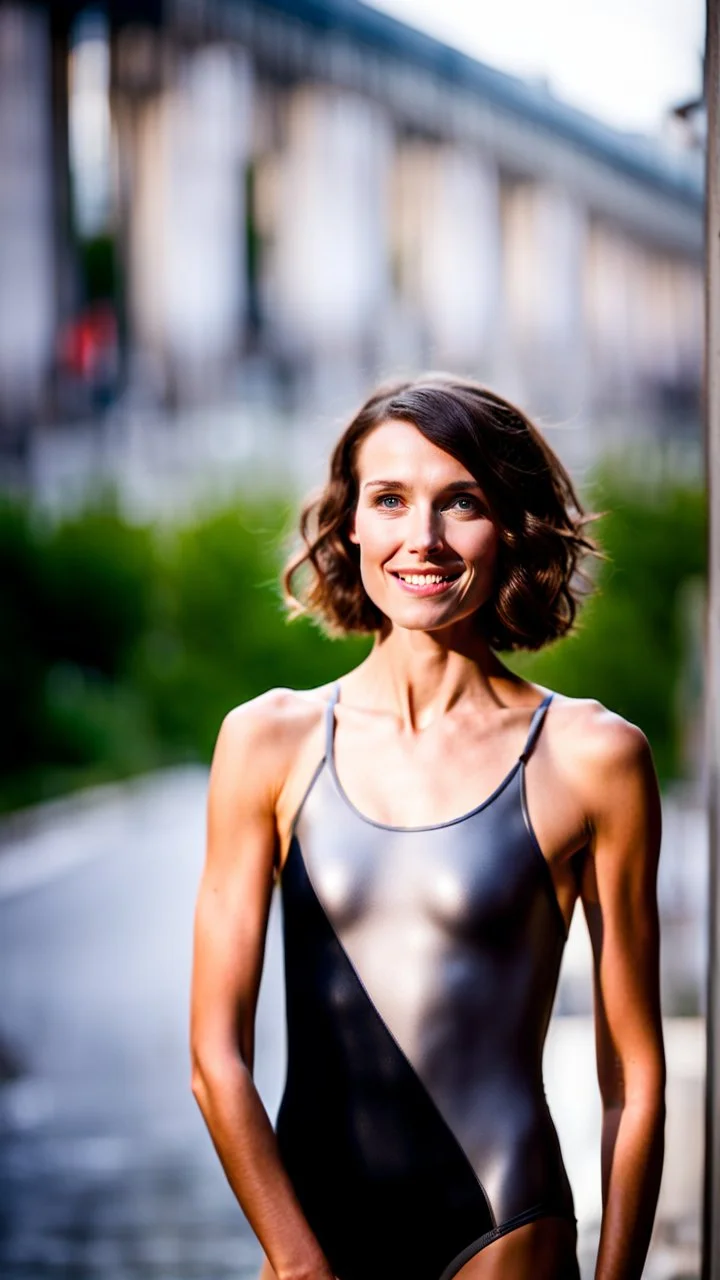 beautiful anorexic young woman, total shot, short shiny anthracite triathlon swimsuit, short brunette wavy bob hair, blurred city background