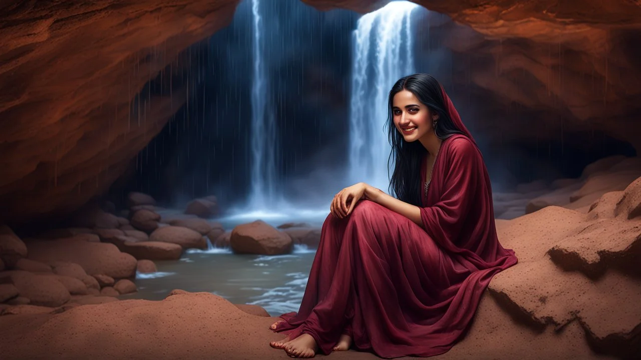 Hyper Realistic Photographic Outside View Of A Gorgeous Pashto Girl (Wearing Simple Light-Maroon Colored Dress & Wearing Plain Maroon Dupatta On Her Neck) Happily Sitting & Smiling Boldy In A Cave & Showing Her Long Black Hair & her Legs Are In The Lakewater With Waterfall View Outside, With Heavy Rain Outside Cave At Dark Night Showing Dramatic & Cinematic Ambiance.