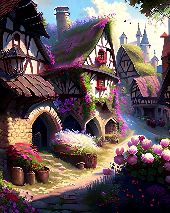 medieval fantasy village with flowers rpg art painterly