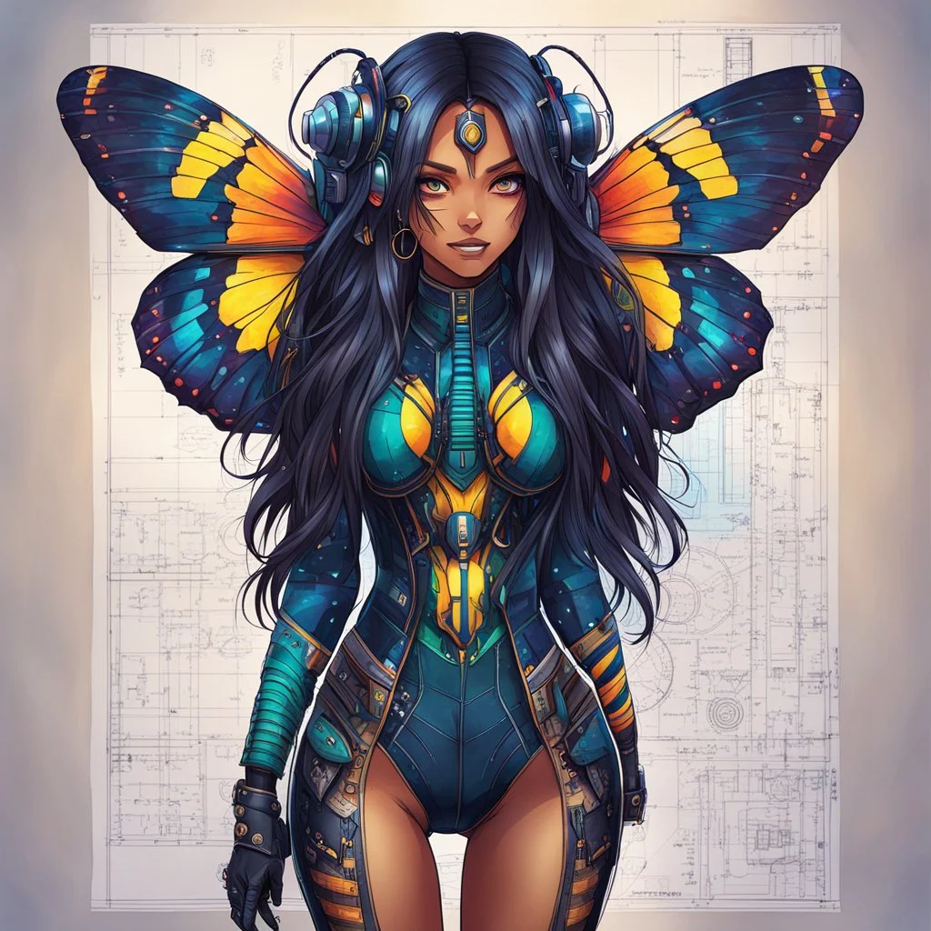 full body portrait illustration , long hair, with detailed blueprints and engineering schematics of a walking hybrid Madagascan sunset moth insect girl, in anime style, with highly detailed facial features, drawings, 8k, vibrant natural colors, tight bodysuit