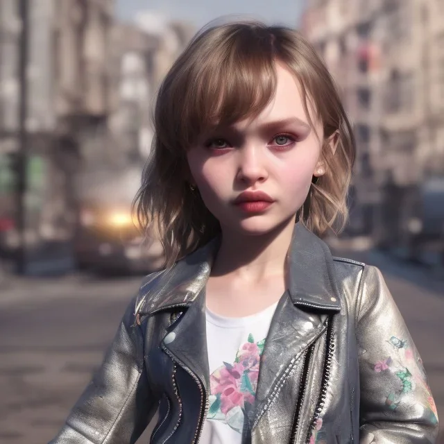 Lily rose depp toddler, full body, floral leather jacket, dynamic pose, tokio background, dramatic lighting, hyper realistic, unreal engine, 8k, upscale