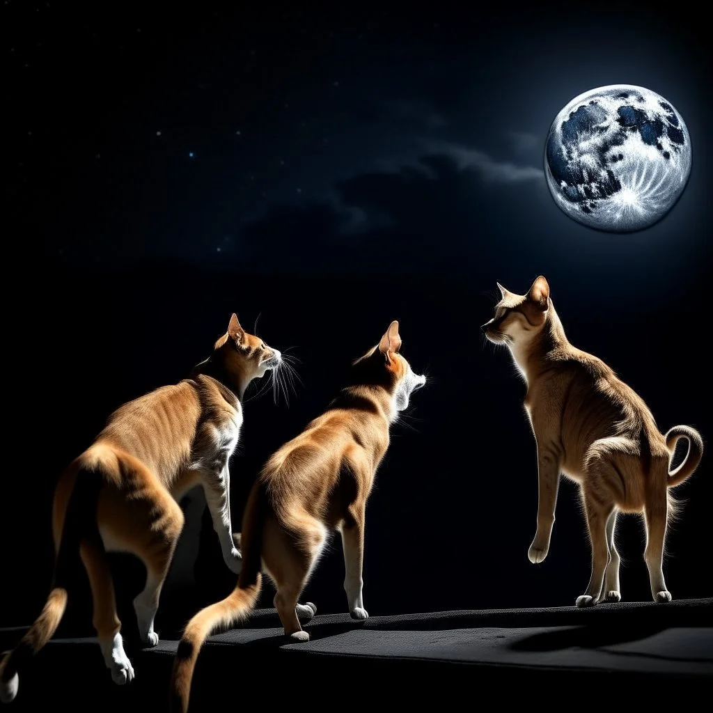 un gato saltando a un tejado en la noche y que se vea la luna luminosa de fondo, con perros mirando desde el suelo, al estilo Miguel Ángel.