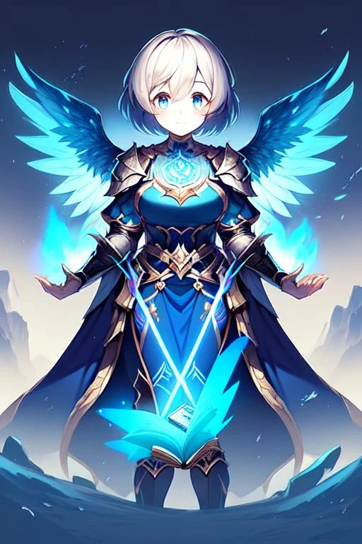 a person in runic armor with blue wings, blue short hair, runic tattoo and spell book