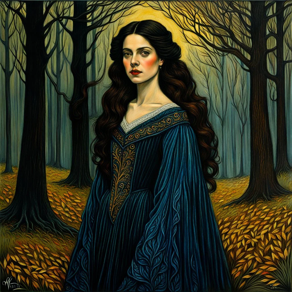 create a 3/4 profile, full body oil pastel of a dark haired, savage, ornately dressed, vampire girl with highly detailed , sharply defined hair and facial features , in a quiet autumn forest glade at twilight, in the Pre-Raphaelite style of JOHN WILLIAM WATERHOUSE