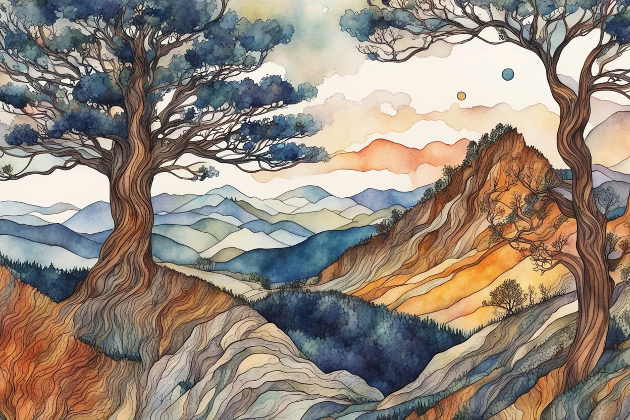 random watercolor Zentangle patterns in the styles of Gustav Klimt ,Wassily Kandinsky, Alphonse Mucha, and Kay Nielsen that depicts an ancient Bristlecone Pine at a high Rocky Mountain plateau , with fine ink outlining