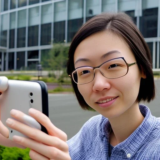 A short haired, bespectacled Japanese female software engineer taking a selfie in front of Building 92 at Microsoft in Redmond, Washington